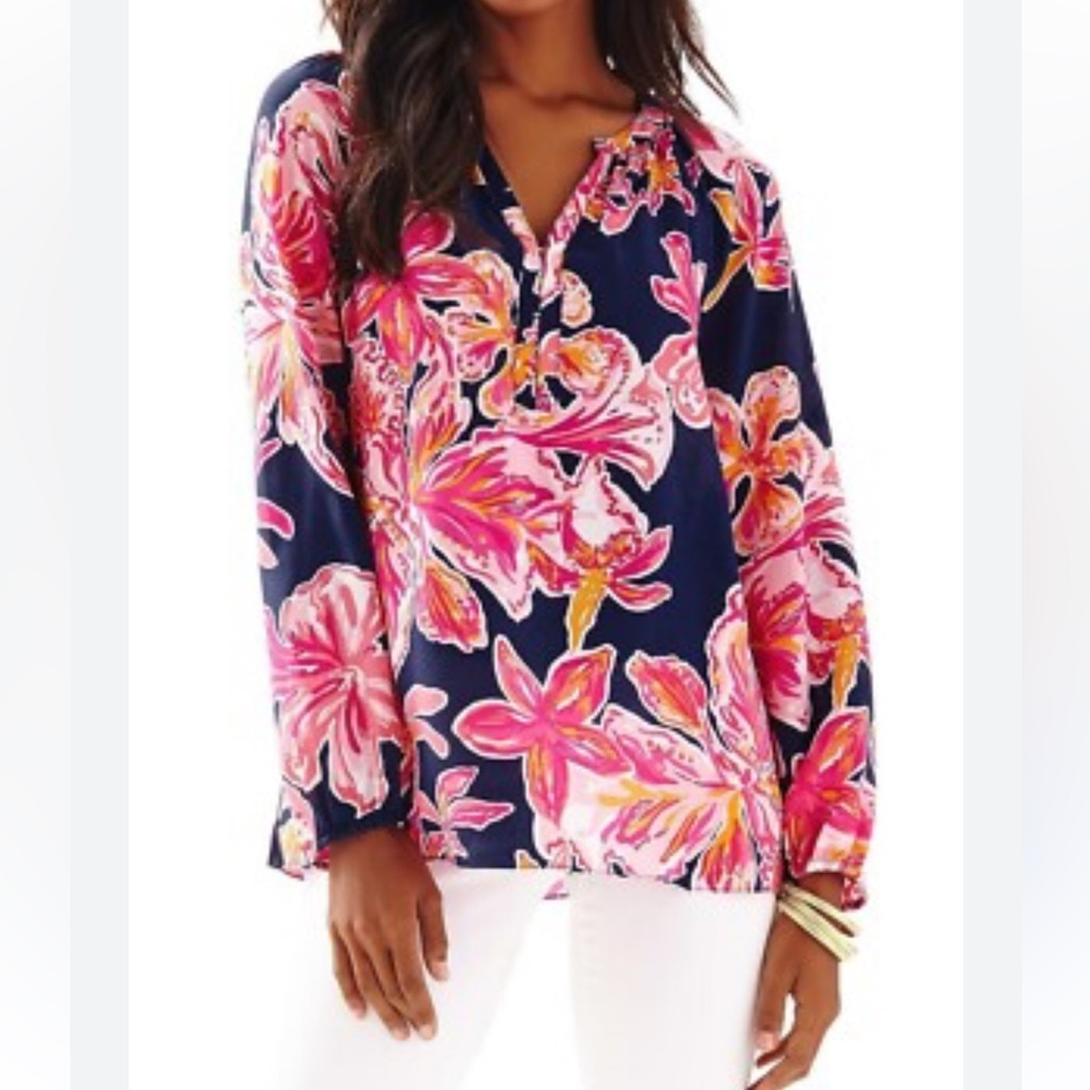 Lilly Pulitzer Elsa silk top in the "Bright Navy Via Sunny size XS